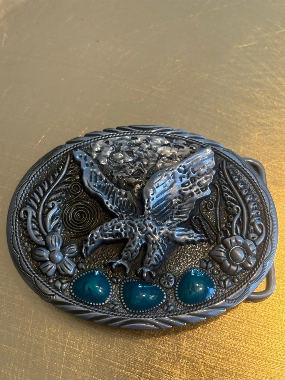 Silver Eagle Belt Buckle with Teal Stones 3.5x2.5in